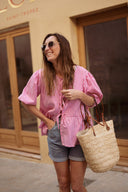 Blouse rayée fushia évasée péplum avec noeuds femme Frida