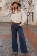 Chemise rayée manches longues femme légère fluide brodée bleu Erine