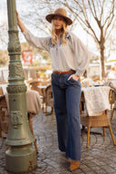 Chemise rayée manches longues femme légère fluide brodée bleu Erine