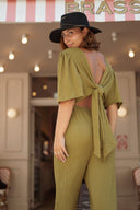 Combinaison pantalon femme tendance vert anis dos nu souple Celestine