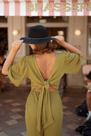 Combinaison pantalon femme tendance vert anis dos nu souple Celestine