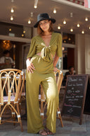 Combinaison pantalon femme tendance vert anis dos nu souple Celestine