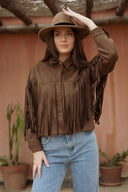 Veste effet daim marron avec frange tendance mode femme hiver Déotille