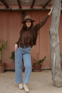 Veste effet daim marron avec frange tendance mode femme hiver Déotille