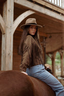 Veste effet daim marron avec frange tendance mode femme hiver Déotille