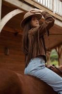 Veste effet daim marron avec frange tendance mode femme hiver Déotille