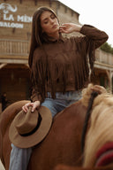 Veste en daim chocolat à franges femme tendance Déotille