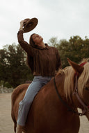 Veste effet daim marron avec frange tendance mode femme hiver Déotille