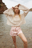 Blouse en crochet beige femme manches longue été Gabriel