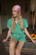 Combishort en jean vert Judith femme délavée manches courtes