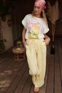 Pantalon été femme en coton jaune et blanc rayé Léonce