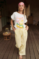 Pantalon été femme en coton jaune et blanc rayé Léonce