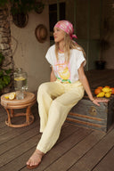 Pantalon été femme en coton jaune et blanc rayé Léonce