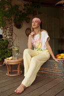 Pantalon été femme en coton jaune et blanc rayé Léonce