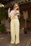 Pantalon été femme en coton jaune et blanc rayé Léonce