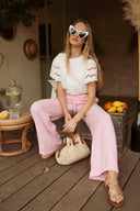 Pantalon été femme en coton rose et blanc rayé Léonce