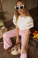 Pantalon été femme en coton rose et blanc rayé Léonce
