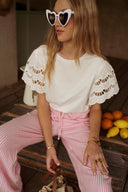 Pantalon été femme en coton rose et blanc rayé Léonce