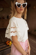 Pantalon été femme en coton rose et blanc rayé Léonce