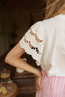 Pantalon été femme en coton rose et blanc rayé Léonce