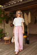 Pantalon été femme en coton rose et blanc rayé Léonce