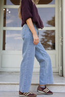 Jean taille haute femme tendance hiver bleu clair poche tresse Elvis