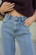 Jean taille haute femme tendance hiver bleu clair poche tresse Elvis