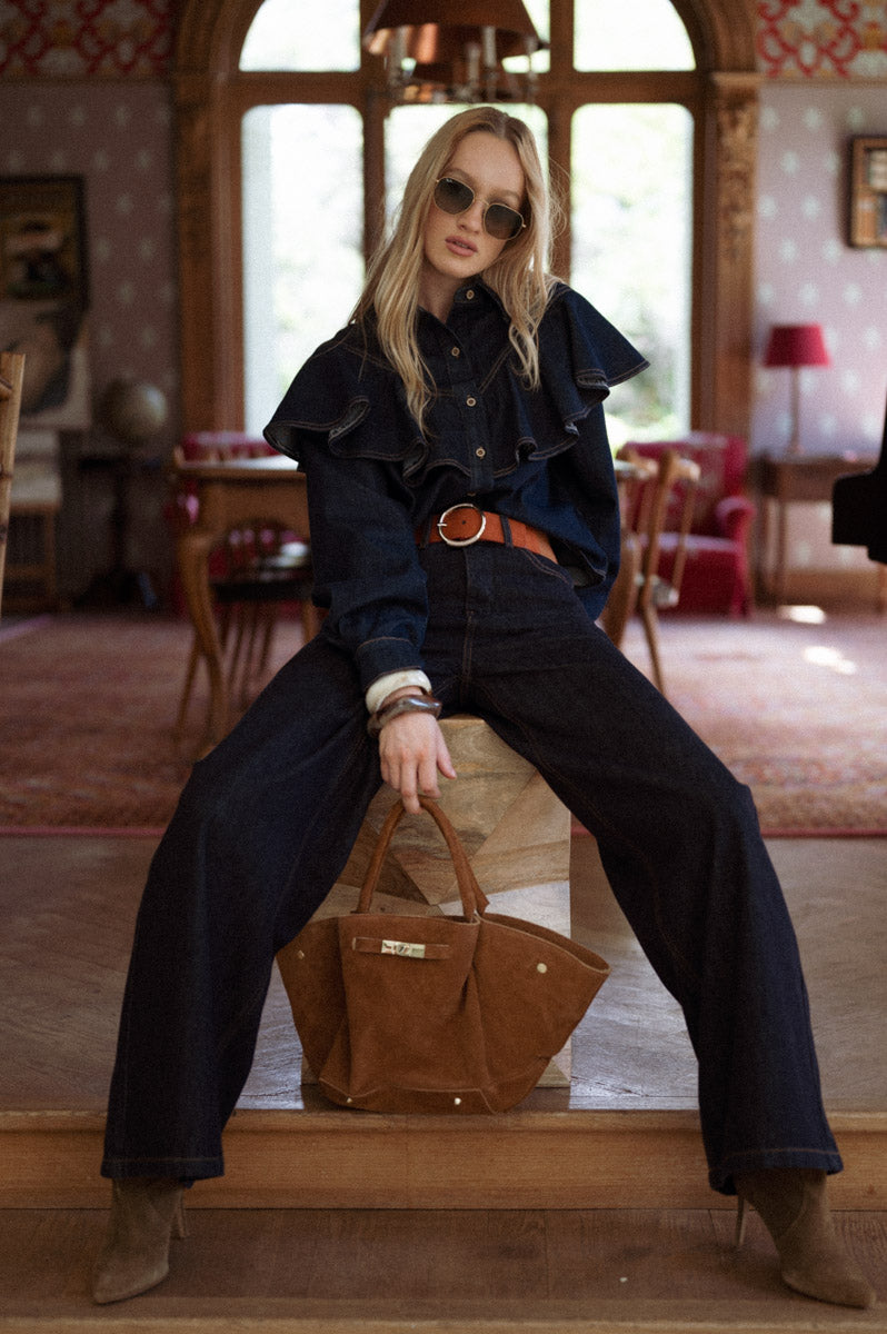 Chemise en jean courte brut femme hiver avec volants Penelope