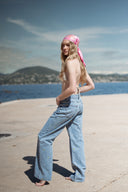 Jean large taille haute bleu clair avec fleurs brodées femme été tendance bohème Renald