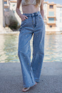 Jean large taille haute bleu clair avec fleurs brodées femme été tendance bohème Renald