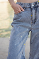 Jean large taille haute bleu clair avec fleurs brodées femme été tendance bohème Renald