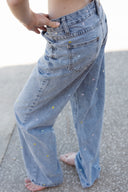 Jean large taille haute bleu clair avec fleurs brodées femme été tendance bohème Renald