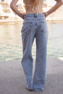 Jean large taille haute bleu clair avec fleurs brodées femme été tendance bohème Renald