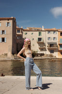 Jean large taille haute bleu clair avec fleurs brodées femme été tendance bohème Renald