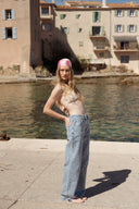 Jean large taille haute bleu clair avec fleurs brodées femme été tendance bohème Renald