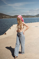 Jean large taille haute bleu clair avec fleurs brodées femme été tendance bohème Renald