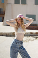 Jean large taille haute bleu clair avec fleurs brodées femme été tendance bohème Renald