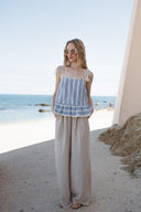 Top rayé bleu et beige femme à pompon été en coton Orson