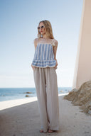 Top rayé bleu et beige femme à pompon été en coton Orson