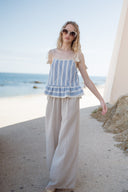 Top rayé bleu et beige femme à pompon été en coton Orson