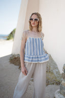 Top rayé bleu et beige femme à pompon été en coton Orson