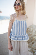 Top rayé bleu et beige femme à pompon été en coton Orson