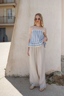 Top rayé bleu et beige femme à pompon été en coton Orson