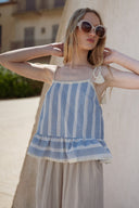 Top rayé bleu et beige femme à pompon été en coton Orson