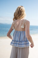 Top rayé bleu et beige femme à pompon été en coton Orson