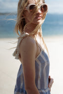 Top rayé bleu et beige femme à pompon été en coton Orson