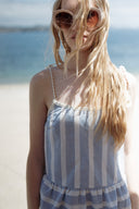 Top rayé bleu et beige femme à pompon été en coton Orson