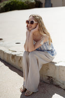 Top rayé bleu et beige femme à pompon été en coton Orson