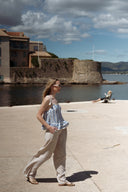 Top rayé bleu et beige femme à pompon été en coton Orson