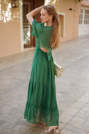 Robe longue femme été tendance verte cérémonie dos nu Ma collection capsule